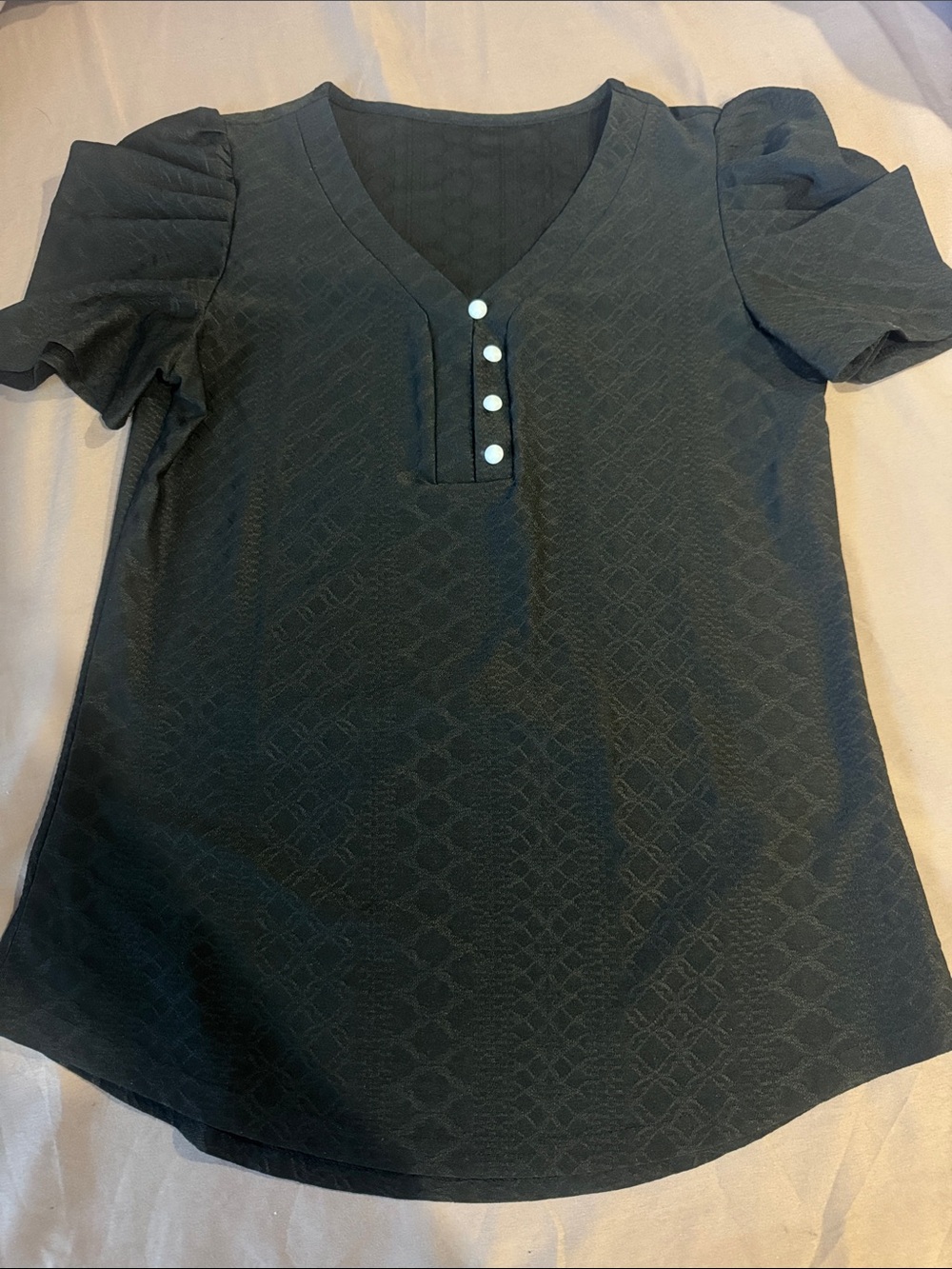 Black Puff Sleeve V-Neck Blouse with Button Placket